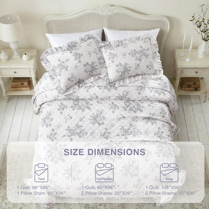 HORIMOTE HOME Greyish Blue Ruffled Quilt King Size with 2 Pillow Shams, Shabby Chic Reversible Floral Bedspread Coverlet, Soft Lightweight Comforter Bed Cover for All Season, 3 Pieces, 106x96 inches