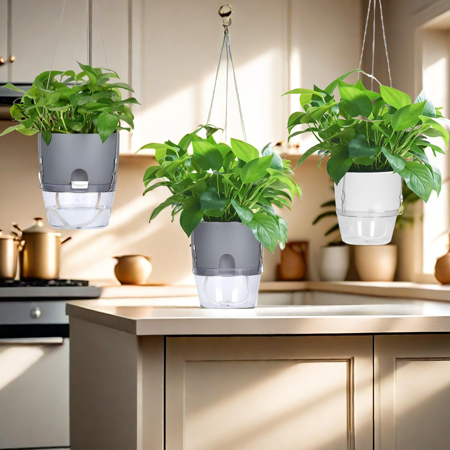 FAMZ Hanging Planter 3 Pack, Hanging Pots for Plants Indoor, 6 Inch Plant Hanger Indoor, Plant Hanger with 3 Hooks Drainage Holes for Garden Home Plant Pots (Gray)