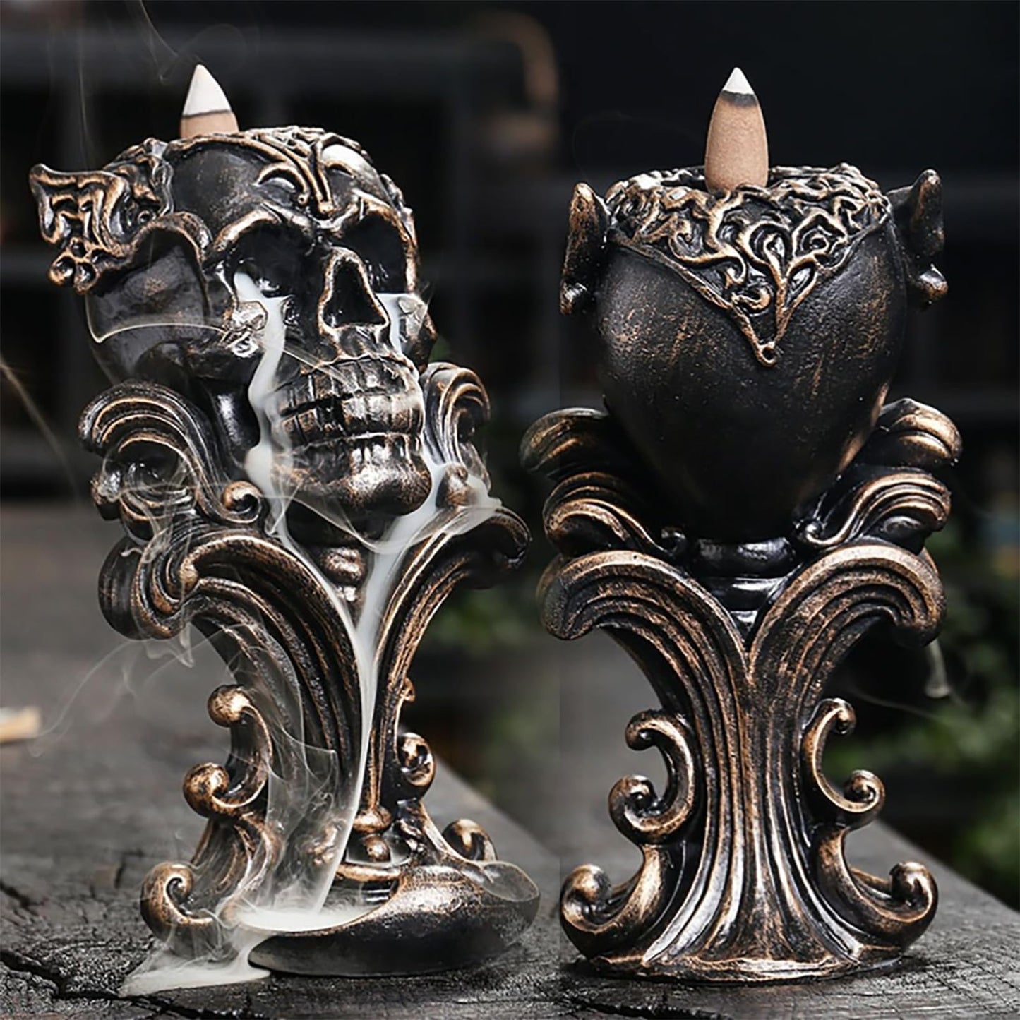 Comeon Backflow Incense Holder Burner Resin Skull Incense Burner Waterfall Incense Burner Home Decor + 20 Backflow Incense Cones + 30 Incense Sticks +1 Tweezer +1 Mat（Metallic Gold）