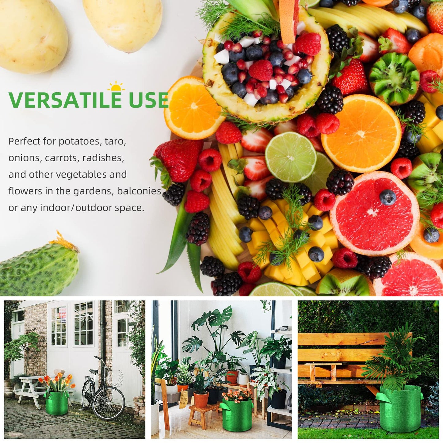 WHATWEARS 12-Pack 15 Gallon Plant Grow Bags, Thickened Nonwoven Fabric Pots with Handles, Vegetable Planter Bags Containers, Cloth Planters for Garden Vegetable/Flower/Plant/Fruits Outdoor (Green)