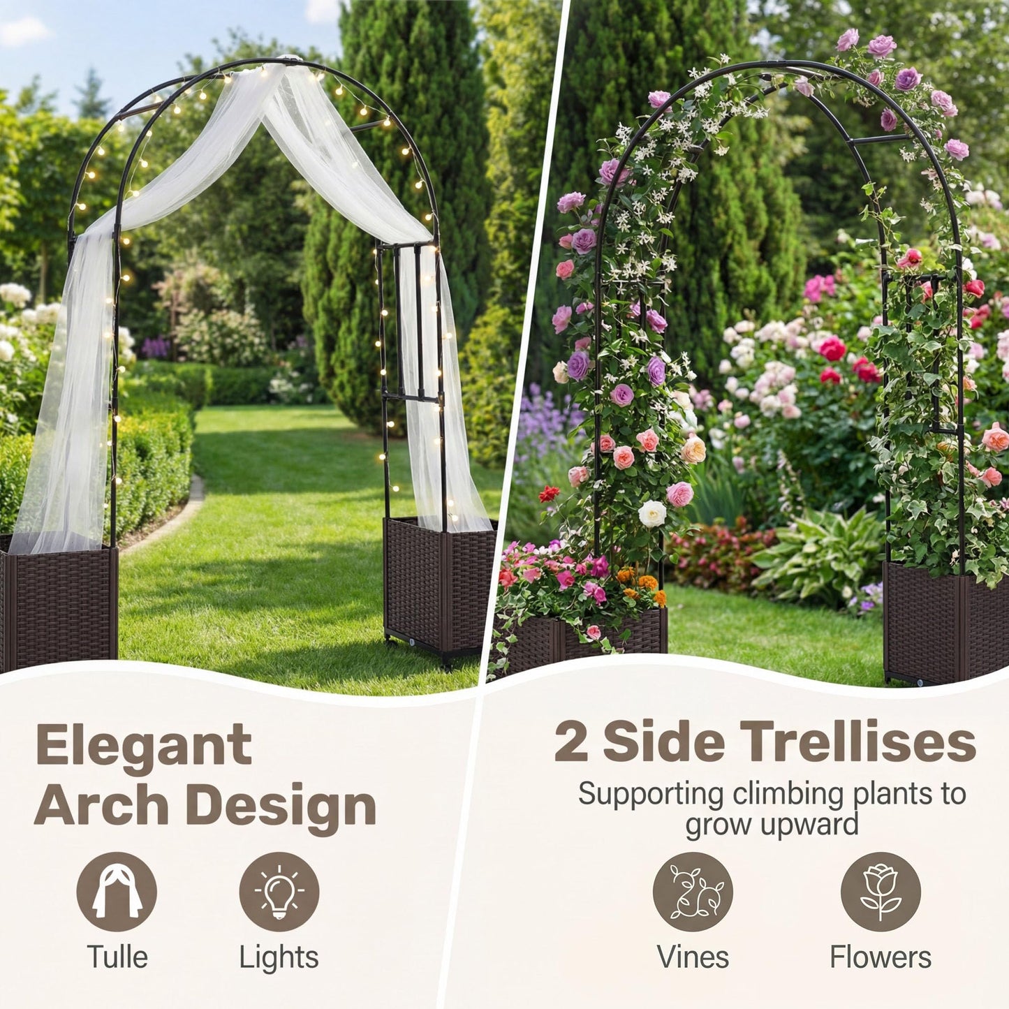Giantex Metal Garden Arch Trellis Arbor with 2 Self-Watering Planter Boxes, 80" L x 16" W x 91" H PE-Coated Archway with Lockable Rolling Wheels for Climbing Vines, Yard Lawn Party Decorations