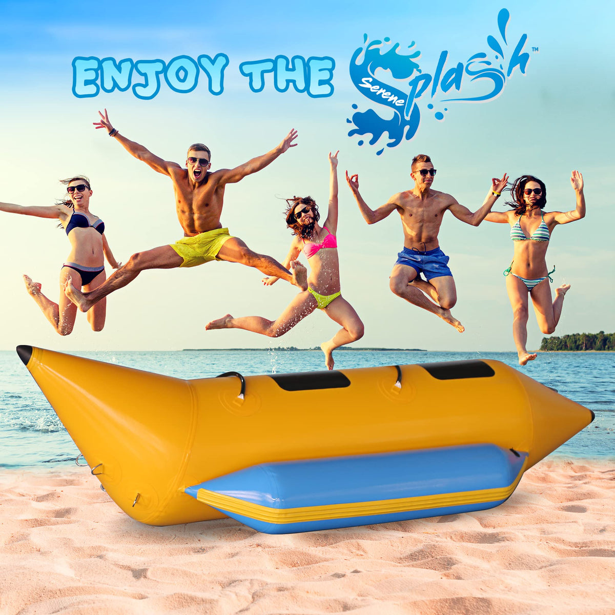 Jovial 2 Person Inflatable Banana Boat, Includes Storage Bag, Foot Pump, and Repair Kit, Tough and Thick, Reinforced Seats and Foot Areas, 340 Lbs Weight Capacity, Easy Inflation and Deflation