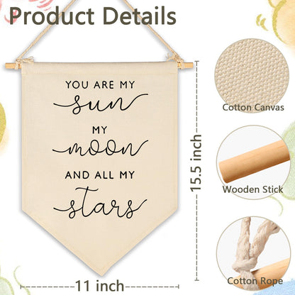 Nursery Wall Art-Nursery Bedroom Gift-My Sun My Moon and All of My Stars-Canvas Hanging Pennant Flag Banner Wall Sign Decor Gift for Baby Girl Boy Kids Room Playroom Decor