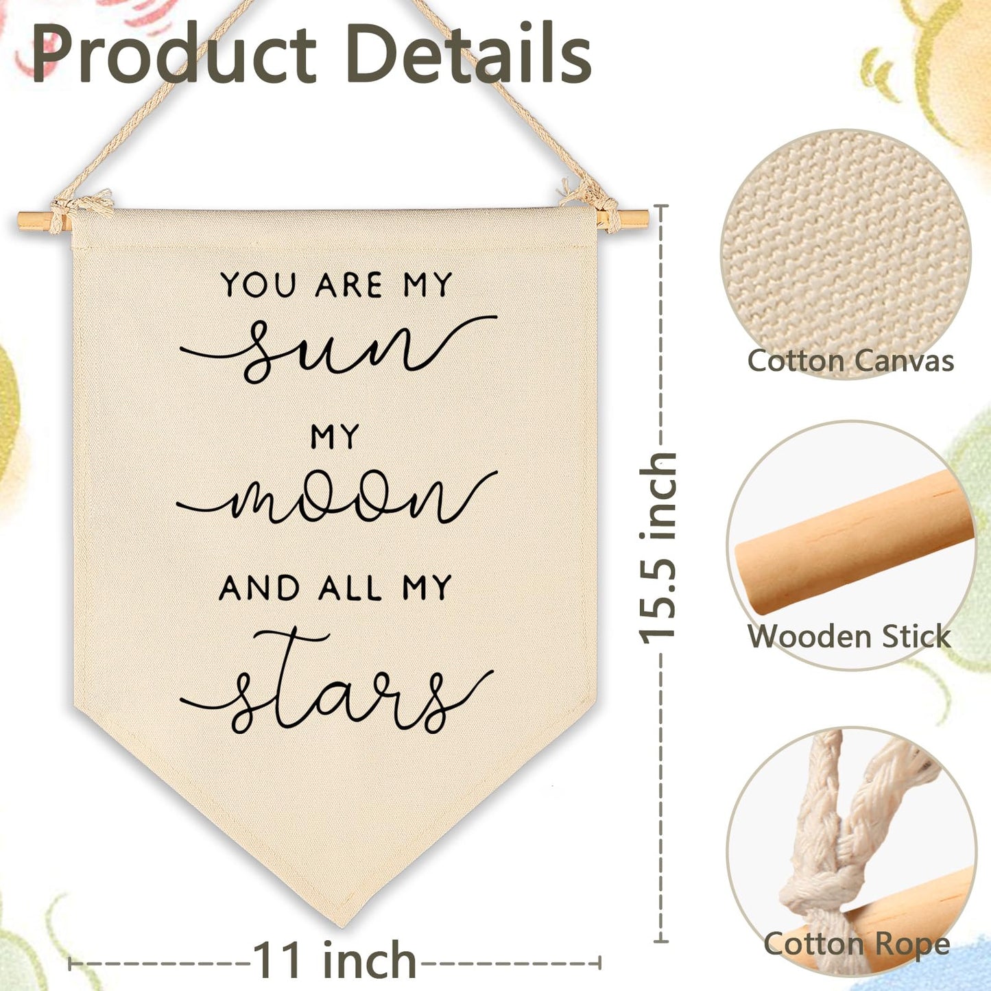 Nursery Wall Art-Nursery Bedroom Gift-My Sun My Moon and All of My Stars-Canvas Hanging Pennant Flag Banner Wall Sign Decor Gift for Baby Girl Boy Kids Room Playroom Decor