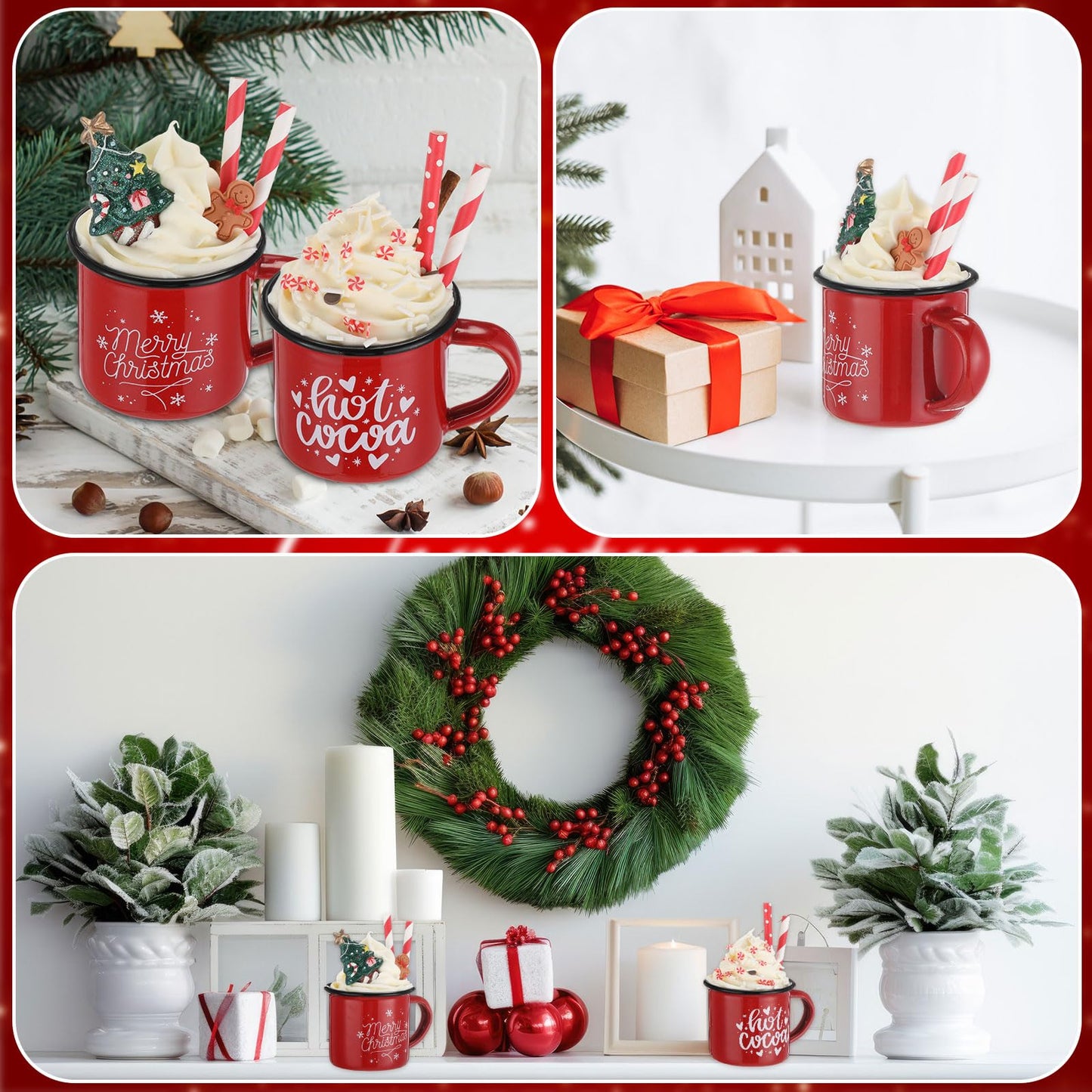 Jingmore 2 Pack Christmas Coffee Bar Decor with Faux Whipped Cream Ceramic Gingerbread Coffee Mugs Faux Hot Cocoa Toppers Christmas Tree Gingerbread Man Decoration for Xmas Bar Centerpieces