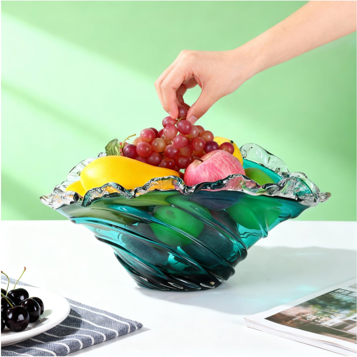 suruim Hand Blown Blue Ocean Wave Crystal Glass Bowl - Large Glass Bowl Decorative Sea Glass Fruit Bowls Art for Coastal & Modern Home Office Centerpiece