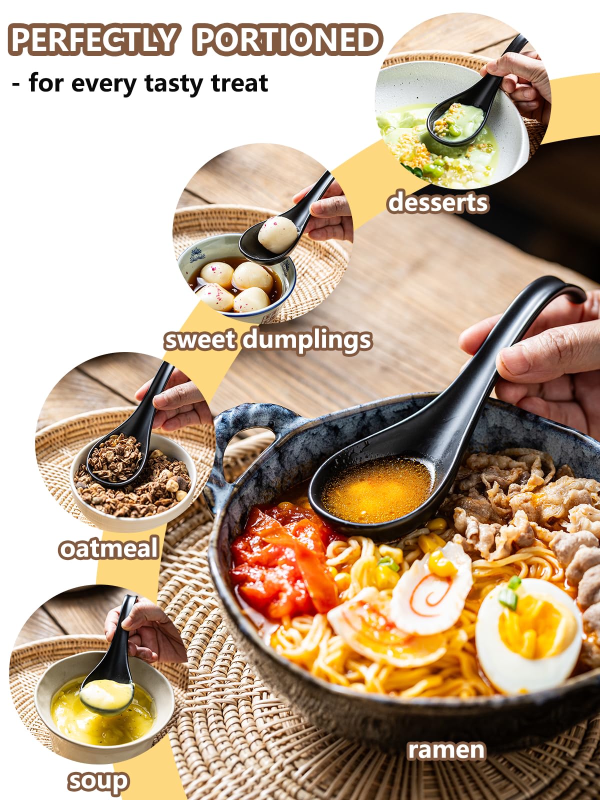 Gomakren Asian Soup Spoons, 6.5 Inch Ceramic Chinese Soup Spoons for Cereal, Ramen, Pho, Noodles, Stews, Father's Day Black Kitchen Spoons with Long Handle and Deep Oval Design - Set of 6