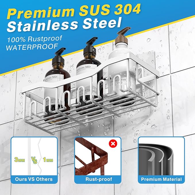 EUDELE 5-Pack Rustproof Stainless Steel Shower Caddy – No Drill Adhesive
