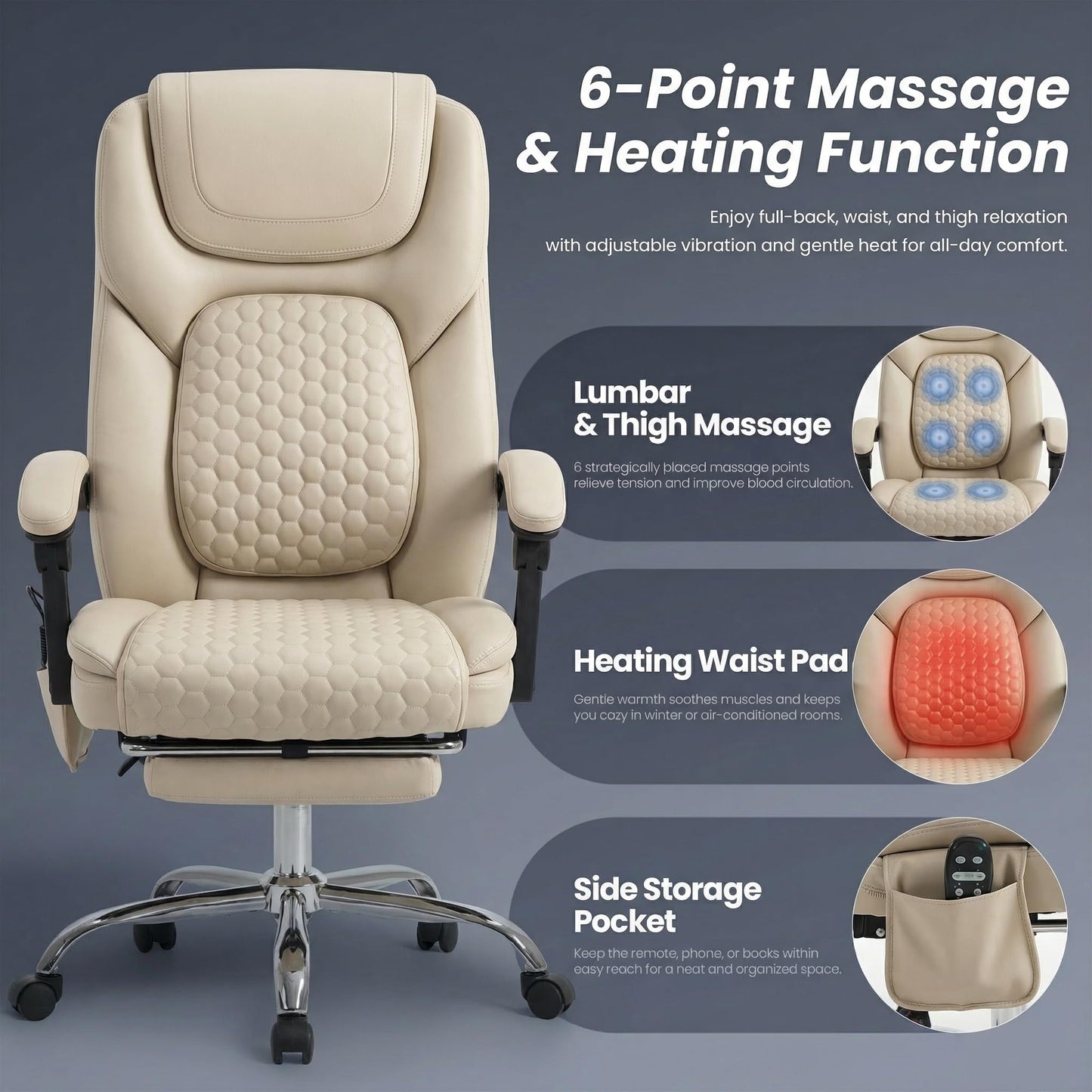 MALOL Massage Office Chair with Heat and Footrest - 3-Level 65°C Targeted Heating, 20-Min Easy Assembly Leather Desk Chair, Big and Tall Executive Computer Chair with Side Pocket, 300 lbs, Beige