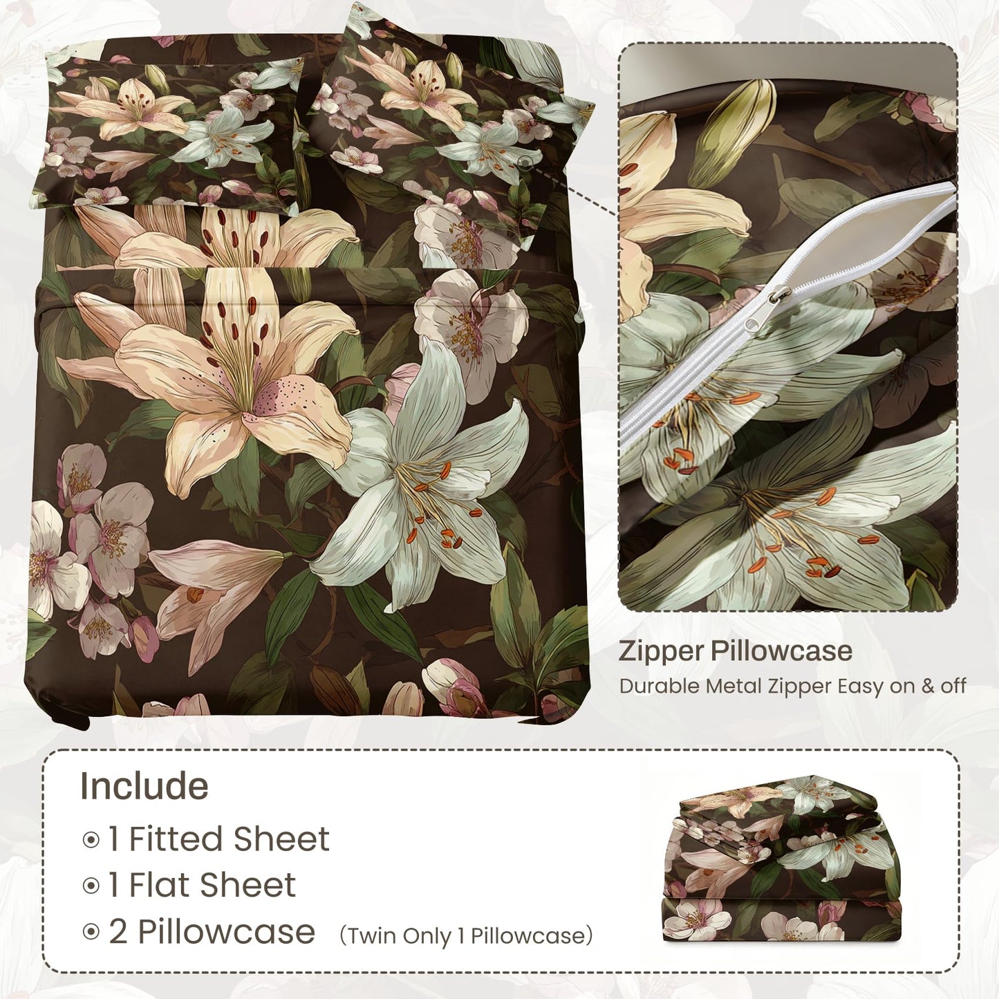 Lily Floral Sheet Set, 4 Pcs Queen Size Botanical Bed Sheets