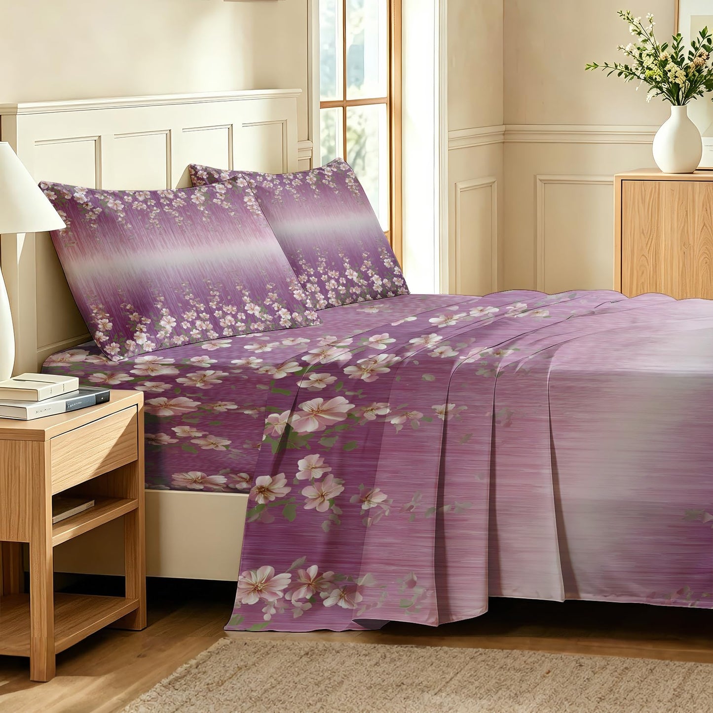 Girls Flower California King Sheet Set 4 Pcs Purple Gradient Bed Sheets