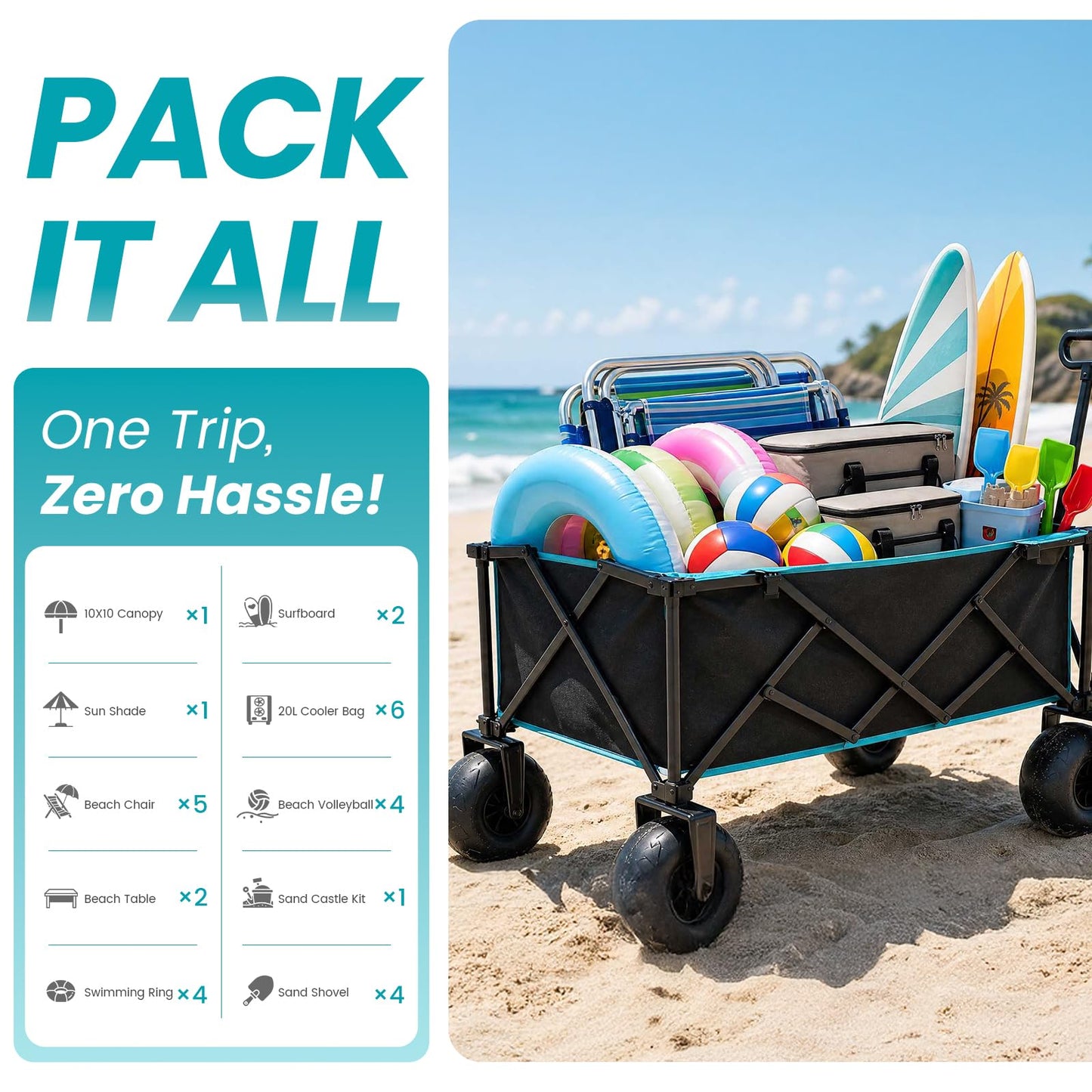 FUNDANGO Heavy Duty Beach Wagon with 9" Big Sand-Proof Wheels, 300L Large Beach Wagons with Balloon Wheel, Folding Collapsible All Terrian Cart with Side Pockets for Sports, Camping, Pump Included