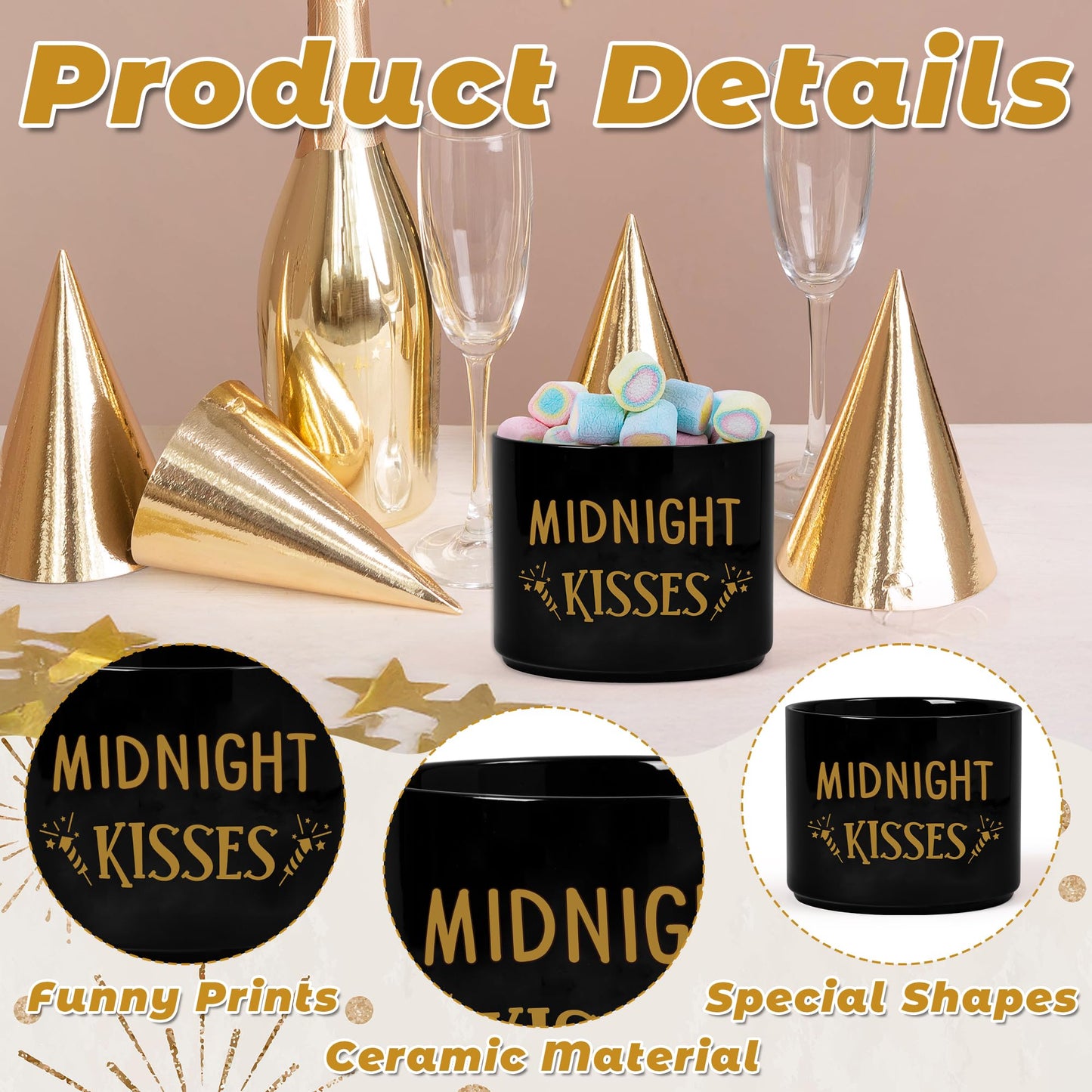 FoszaSzept Candy Dish Cauldron, New Year Christmas Mini Ceramic Candies Bowl Tiered Tray Decor, Snack Serving Bowl Table Wishes Accents for Themed Party Home Kitchen Events Gifts (Midnight Kisses)