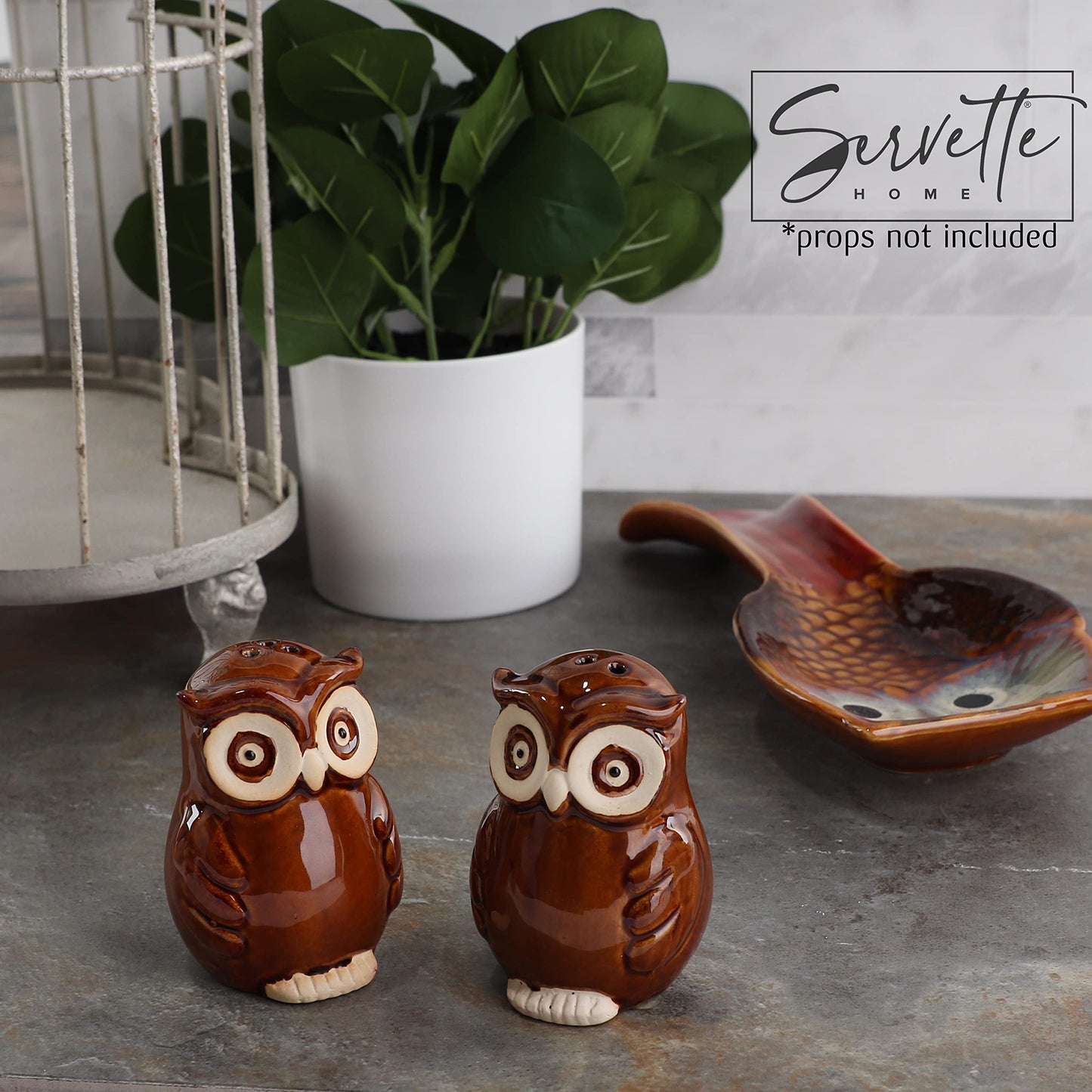 Ceramic Owl Salt and Pepper Shaker Collectors Kitchen Décor - Brown