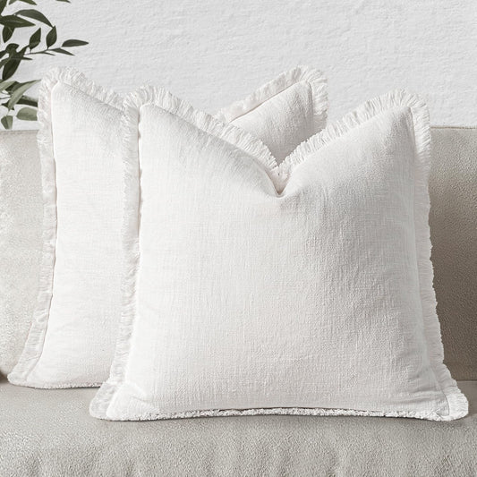 MIULEE Christmas Decorative Throw Pillow Covers Neutral Linen Fringe Fall Throw Pillows Set of 2 Natural Beige Boho Farmhouse Cushion Covers with Tassels for Couch Sofa Bed Home Decor 20x20 Inch