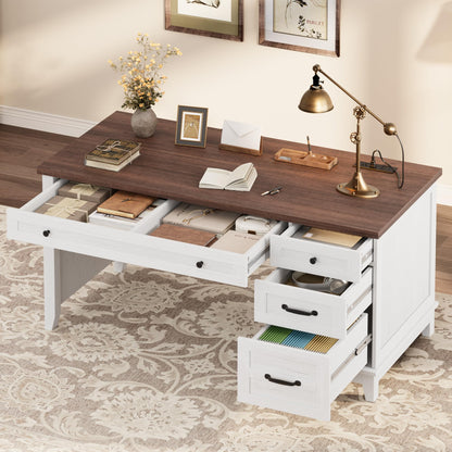 GarveeHome Executive Desk with Drawers, Farmhouse Home Office Desk with Charging Station, 53.54 in Wooden Computer Desk with File Cabinet Storage for Work Study Writing,White Walunt