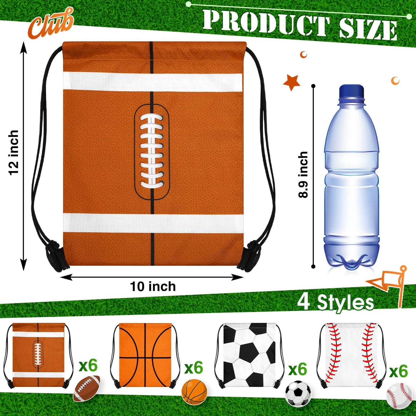 Censen 24 Pcs Drawstring Bags Set Bulk 12 x 10 Inch Waterproof Beach Pack for Soccer Baseball Basketball Football Gift Party (Sport Style)