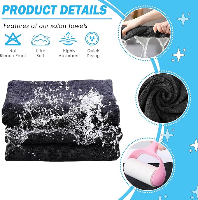 6 Pack Black Salon Towels, Super Soft and Absorbent Microfiber Hair Towel