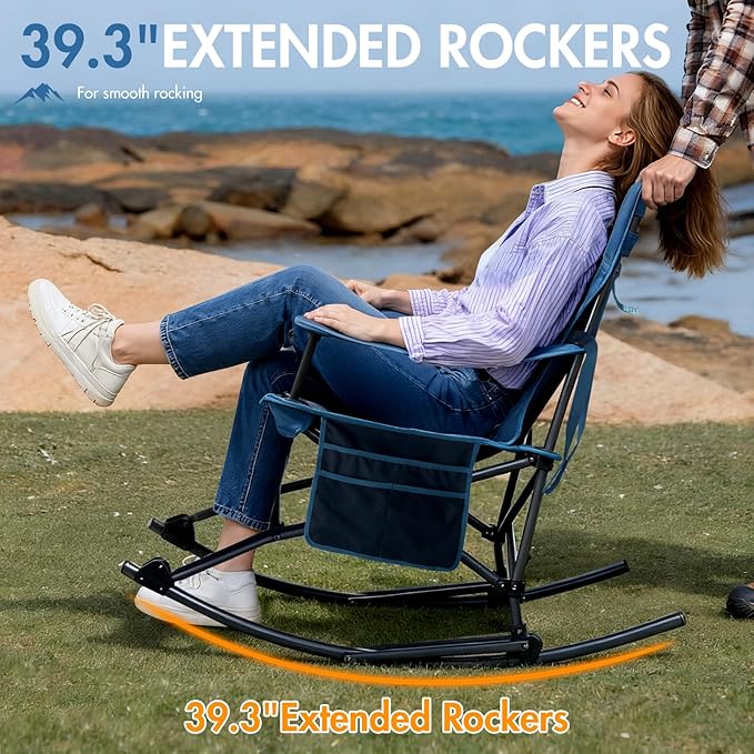 Portal Outdoor Rocking Chair Camping Folding Portable Rocker with Cup Holder Side Pocket Carry Bag, Support 350LBS (Midnight Blue)