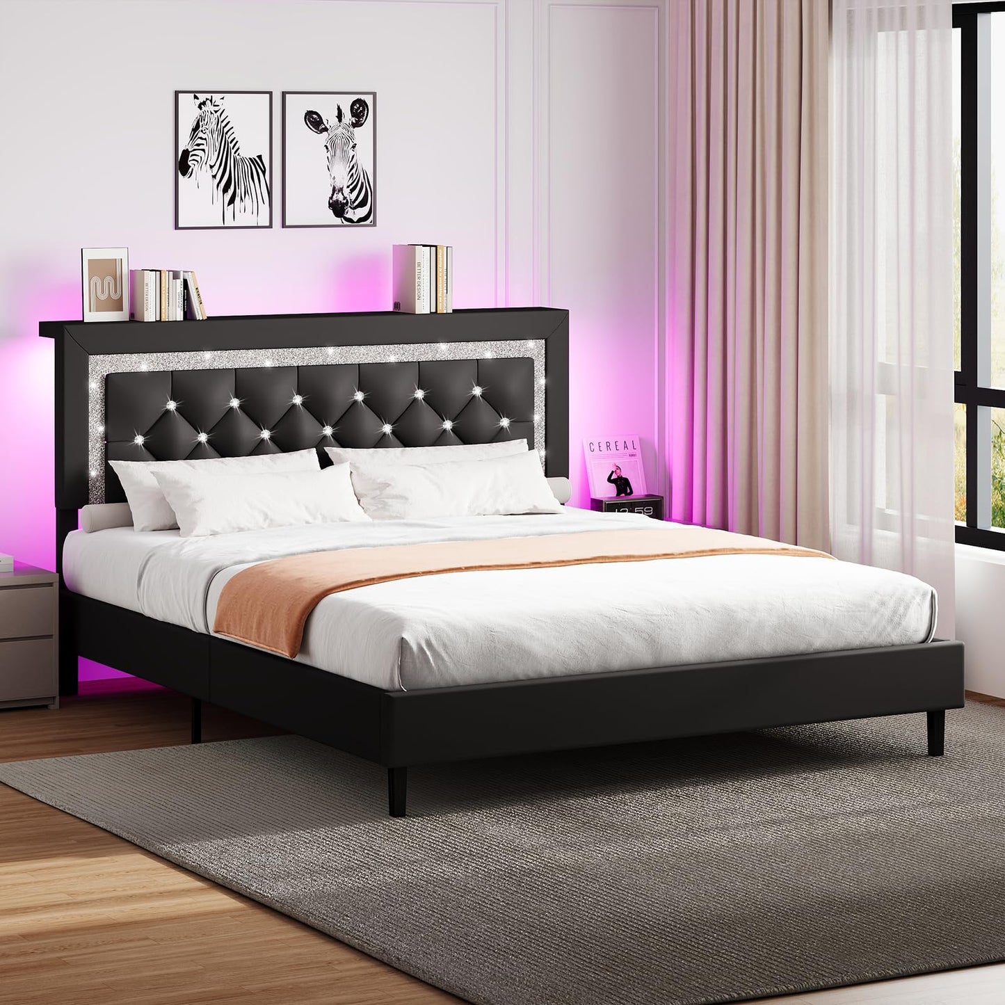 BarnFurin Queen Bed Frame with Storage Headboard, Bed Frame Queen Size with Diamond Tufted Headboard and LED Lights, Wooden Slats Support, Noise Free, No Box Spring Needed, Easy Assembly, Black