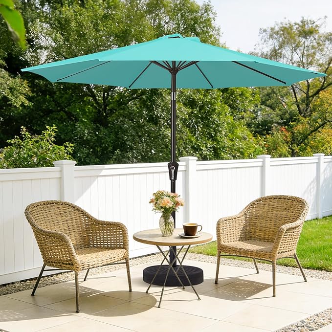 MEWAY 9ft Patio Umbrella Outdoor Table Umbrellas with Push Button Tilt and Crank, Market Umbrella 8 Sturdy Ribs for Deck, Garden, Pool and Backyard, Turquoise