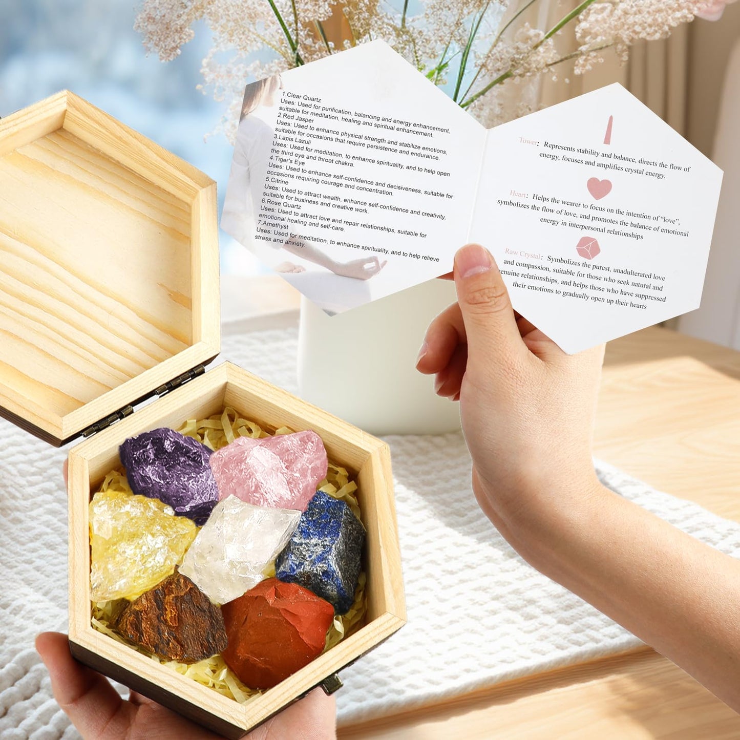 Hazms 7pcs Crystals and Healing Stones with Wooden Gift Box, Raw Healing Crystals and Chakra Stones Set, Rose Quartz, Amethyst, Clear Quartz for Meditation Yoga Healing Protection-Gift for Women