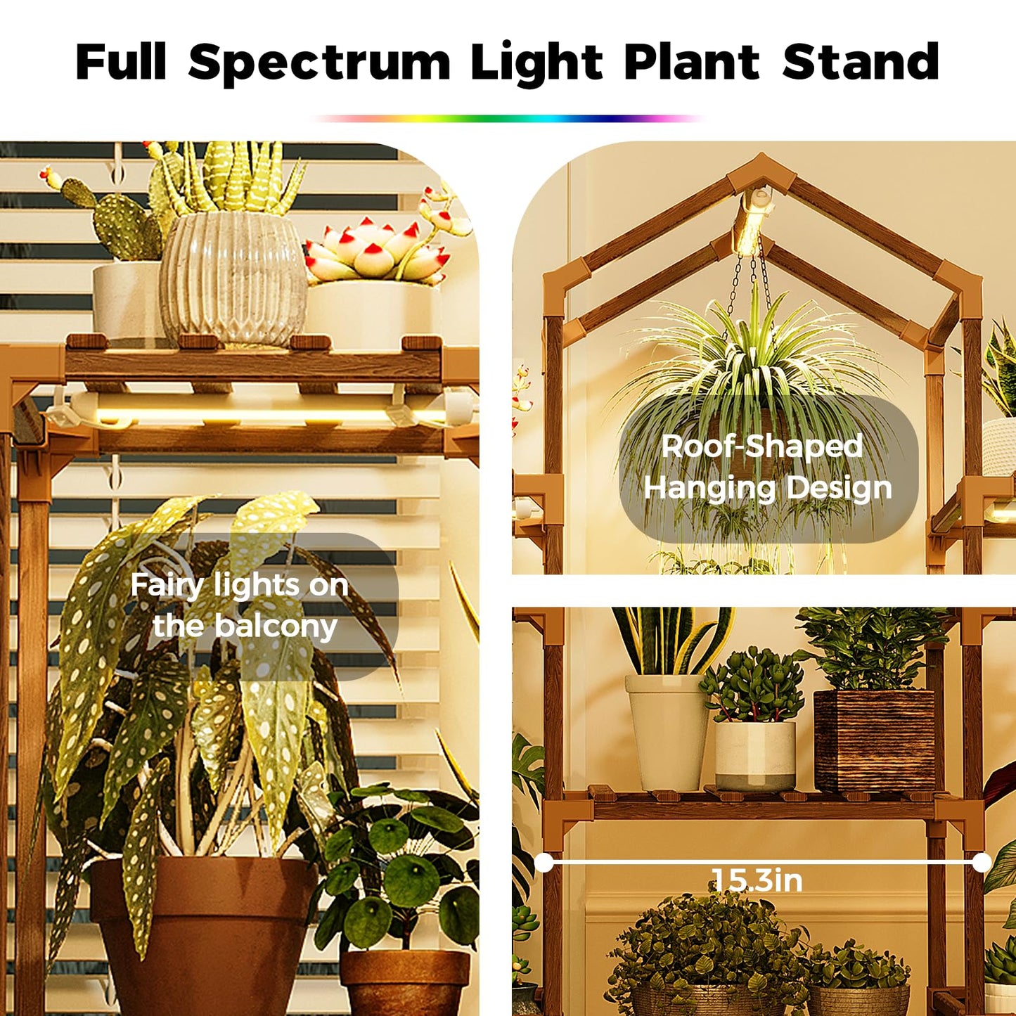 Bamworld Plant Stand Indoor with Grow Lights Wood Plant Shelf for Hanging Planter Pots Display Flower Stand for Living Room Patio Garden Decor