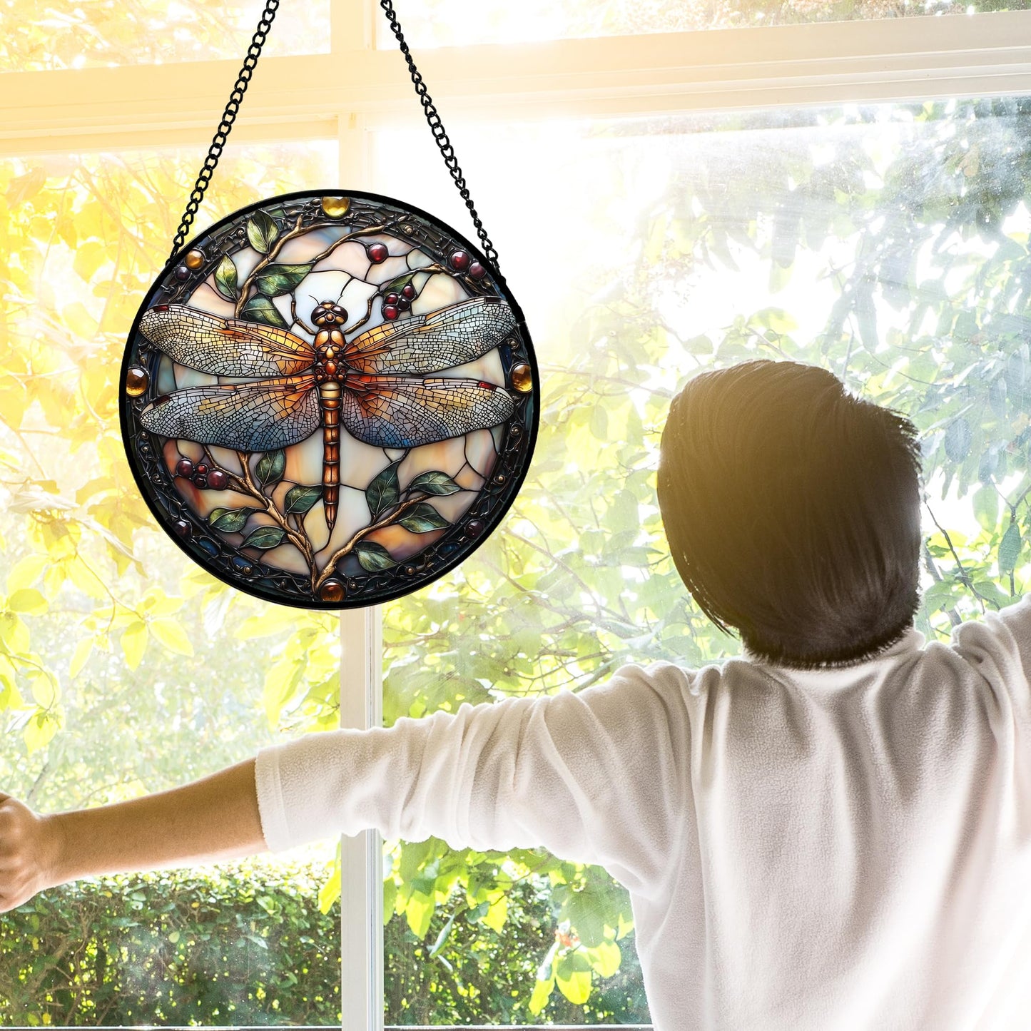 DASTOLL Stained Glass Window Hanging - Dragonfly Plant Suncatcher Ready to Hang Window Doors Home Decoration, Christmas, Mother's Day Birthday Gifts for Women, Men, and Mom11.8x11.8 in