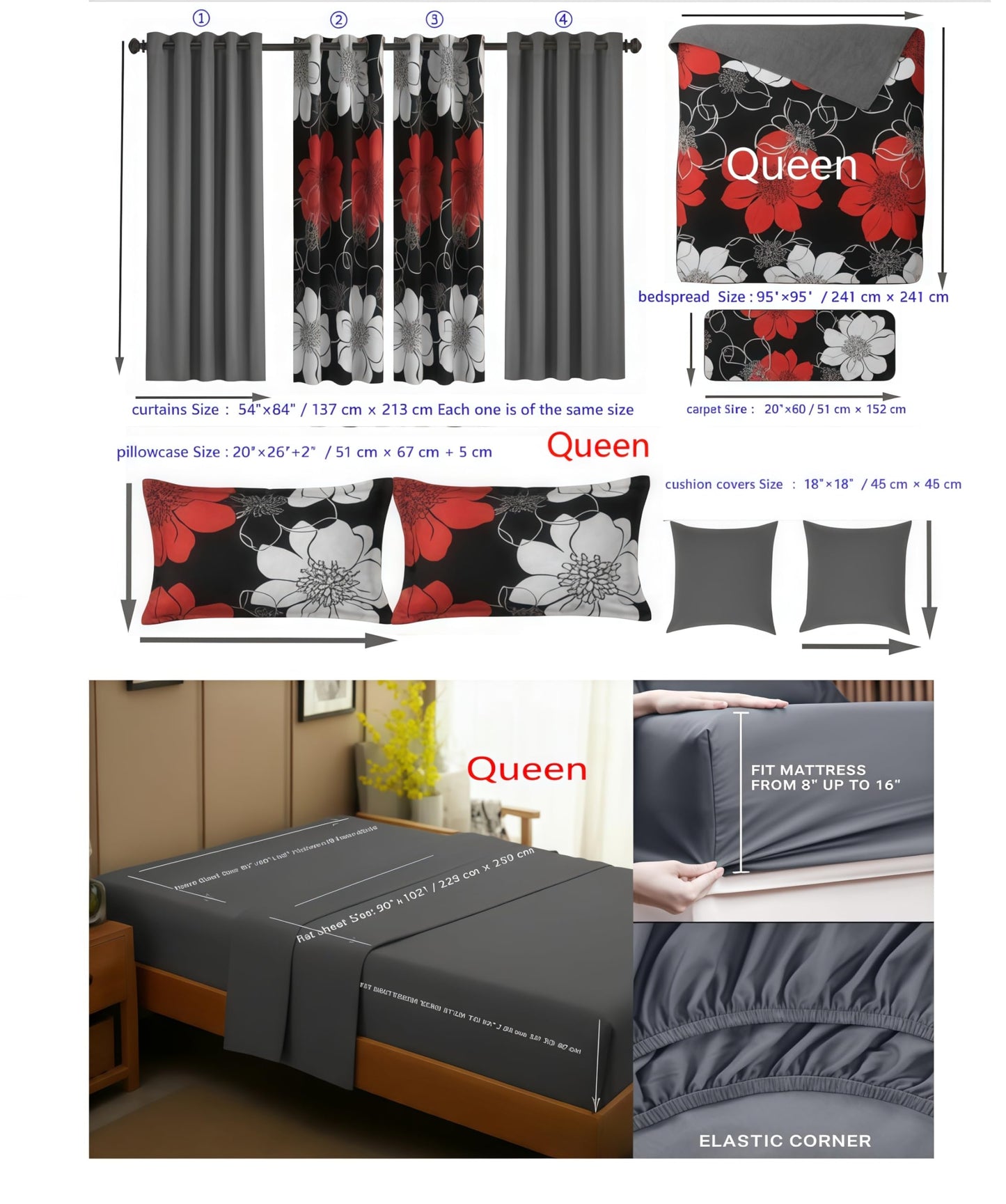JKCCZLL Queen Size Quilt 12 Piece Set Floral Bedding with Matching Curtains Fitted Sheet Black Queen