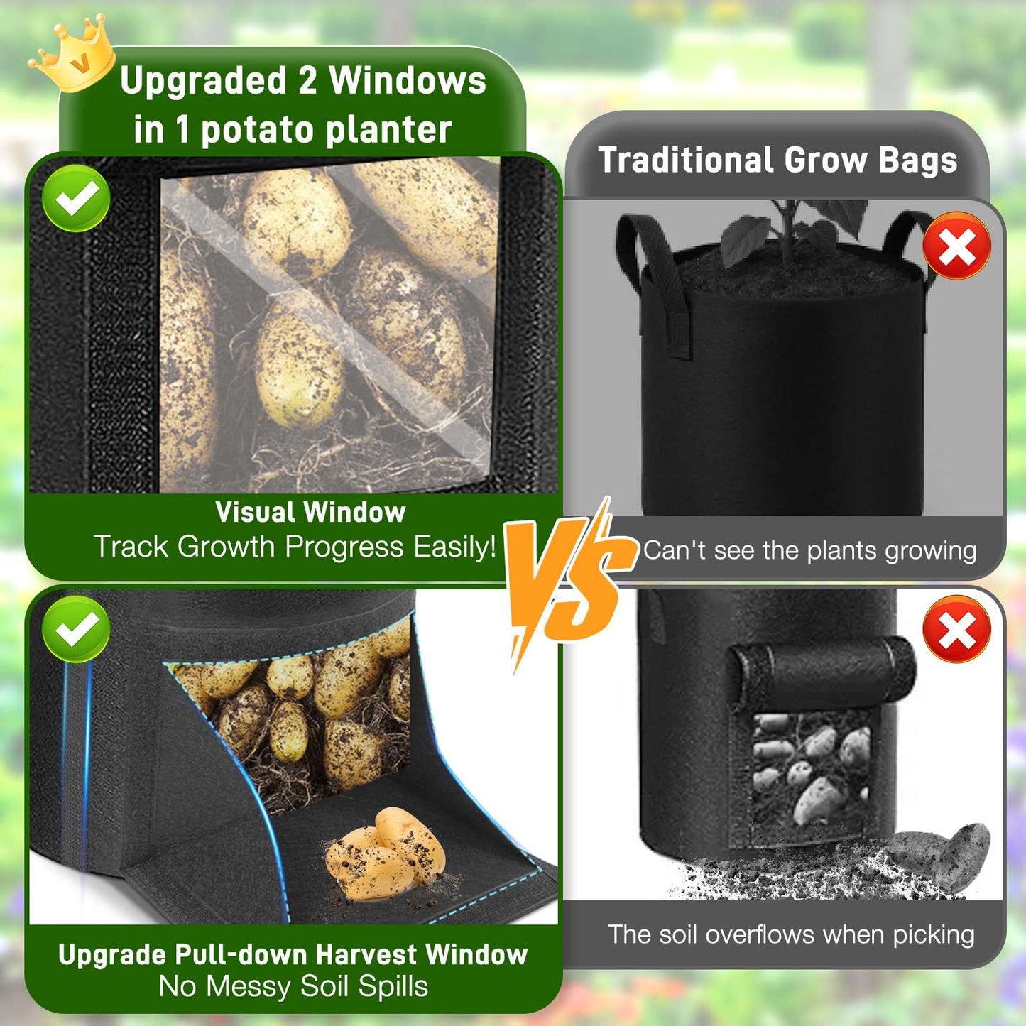 4 Pack Potato Grow Bags 15 Gallon with Harvest & Visible Window Thickened Garden Bags to Grow Vegetables with Handles & Metal Grommets for LST, Fabric Pots for Growing Carrots, Tomatoes, Onions