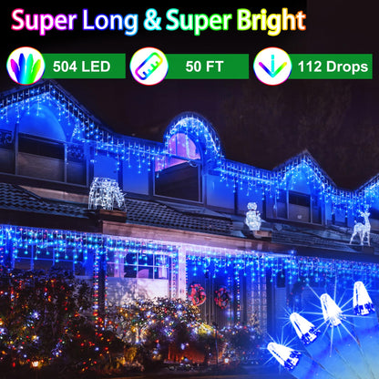 WUXYIYANG 50FT 504 LED Outdoor Christmas Lights - 112 Ice Drops, 12 Pro Modes with Timer Memory & Brightness, Waterproof Hanging Ice String Light for Holiday Wedding Garden Fence House Decor (Blue)