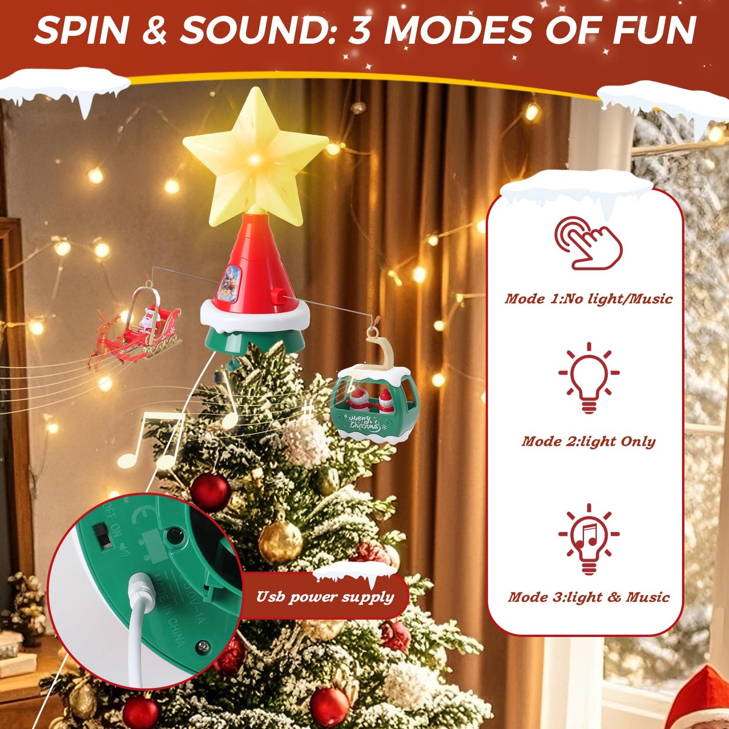 Rotating Christmas Tree Topper Star - Featuring LED Lights and Festive Music, Electric Music Sprite, Good, Easy Installation,USB Powered Musical Decoration Creating Christmas Atmosphere
