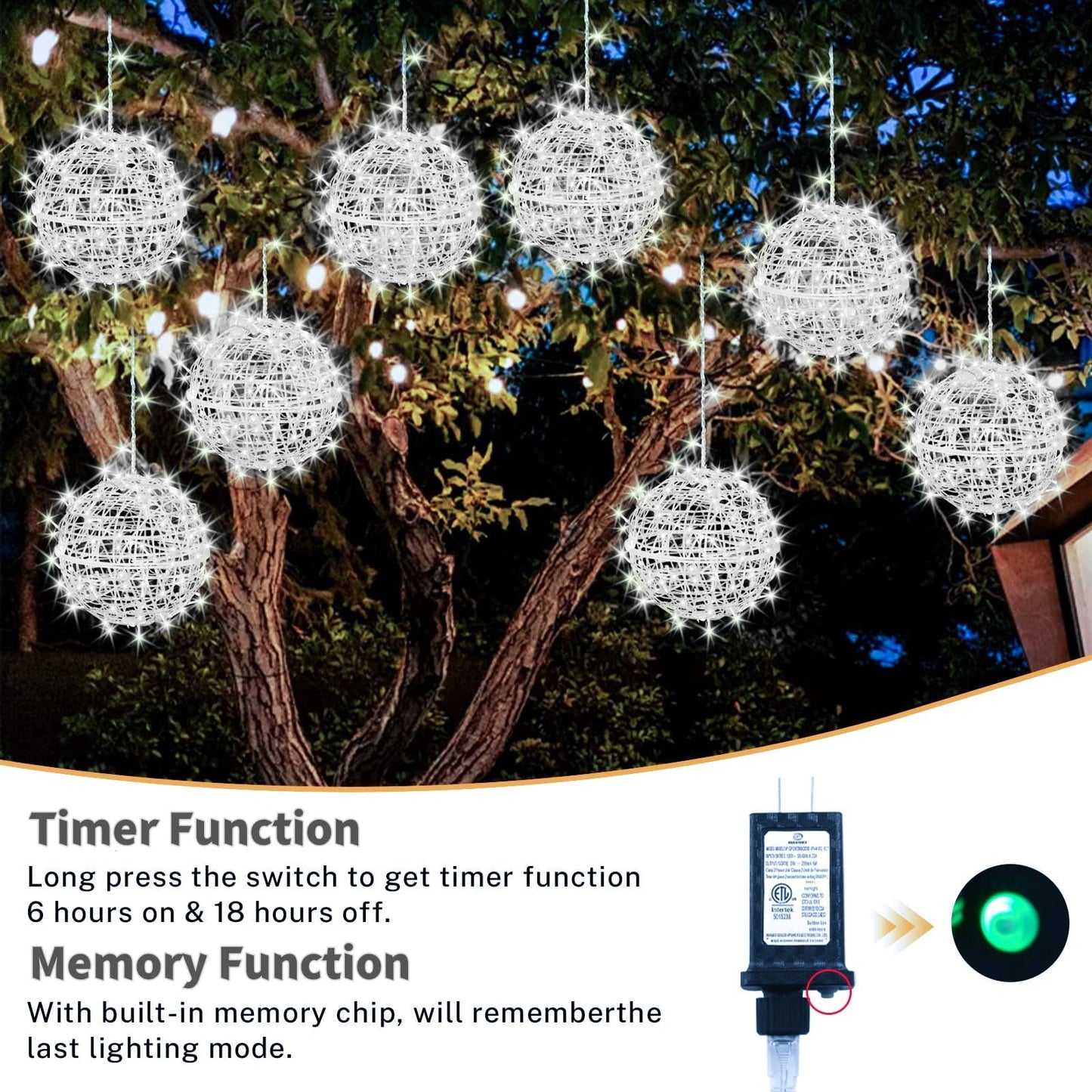 Outdoor Christmas Balls Lights 4 Pack Hanging 7.1" LED Garden Sphere Tree Lights 8 Modes Waterproof Glow Globe Light with Memory Timer Plug for Yard Porch Eave Patio Home Bedroom Decoration-Cool White