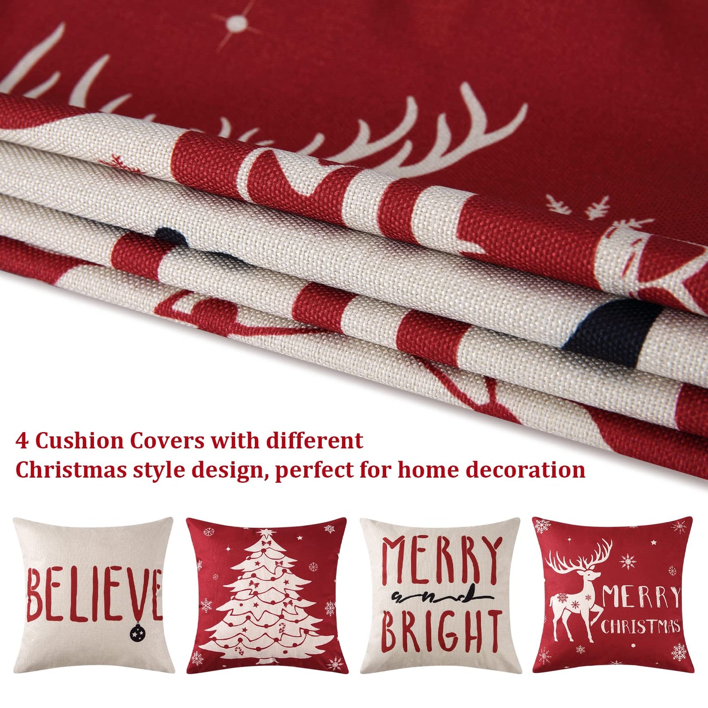 CAROMIO Christmas Decoration Pillow Covers 18 x18 Set of 4 Farmhouse Decorative Throw Pillows for Home Deer Rustic Xmas Tree Pillow Cases Winter Holiday Decor Throw Cushion Cases for Sofa Couch