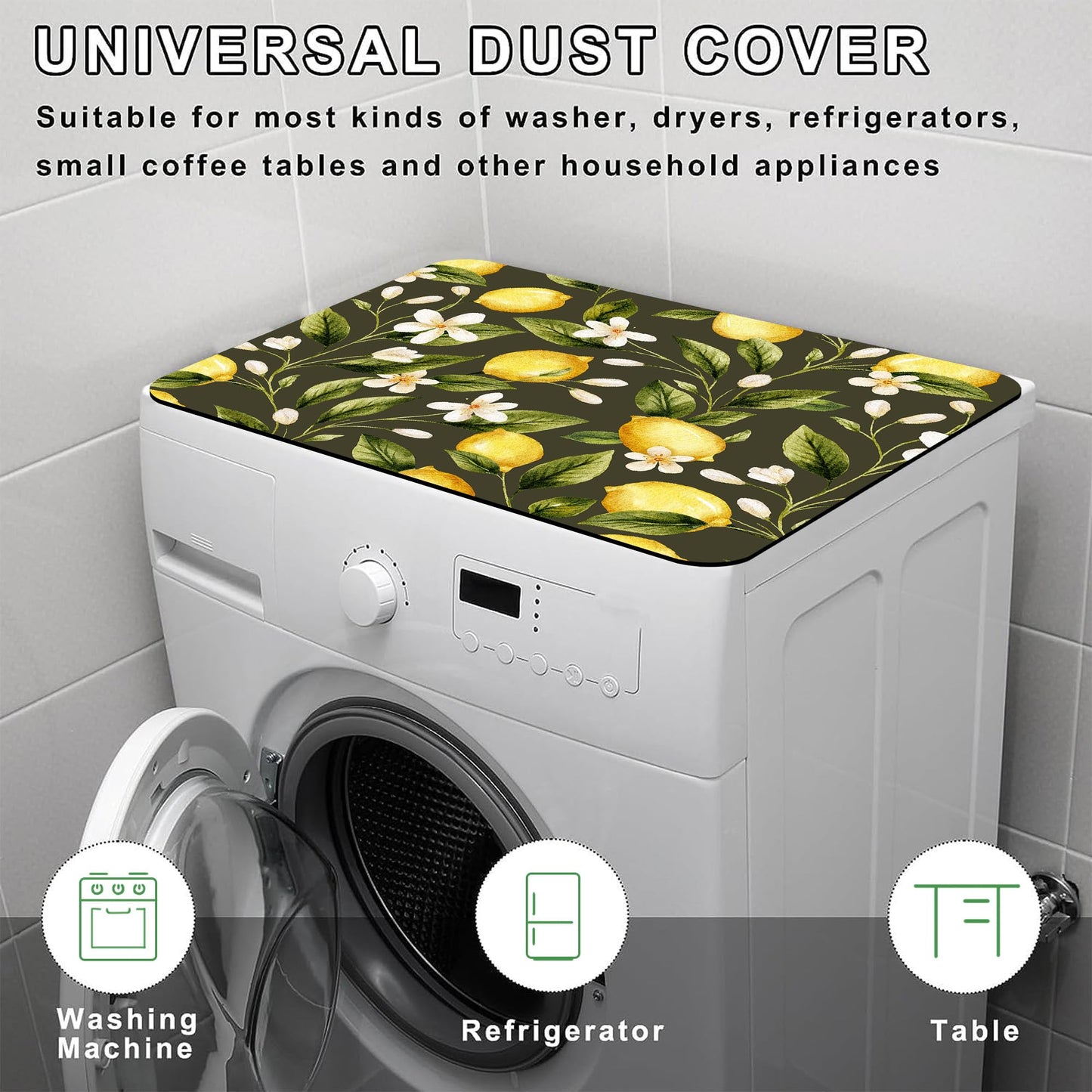 Yellow Lemon with Flowers Washer and Dryer Covers For The Top, Non-slip Fast Drying Absorbent Dryer Top Protector Mat for Kitchen Laundry Room Decor,23.6"x19.7"