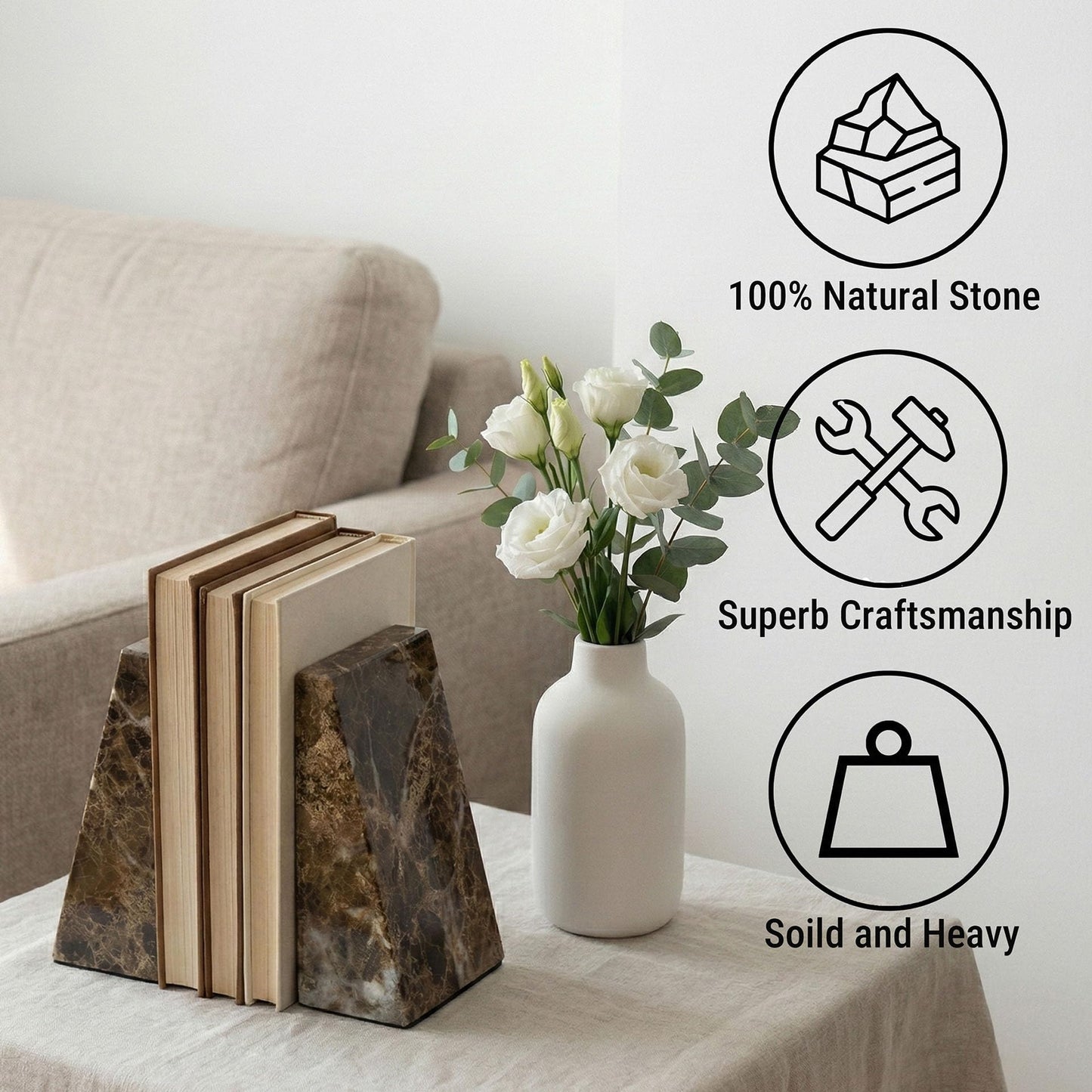 Decorative Bookends for Bookshelves, Set of 2 Marble Bookends for Living Room, Office, Bedroom, Heavy Duty,2 Pieces, Brown