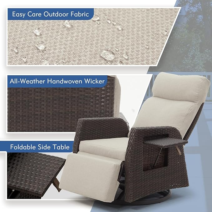 Adjustable Outdoor Recliner Chair with Independent Backrest & Footrest, Patio Swivel Recliner Chair, Wicker Reclining Patio Chair w/Flip-Up Table, 155° Lay Flat Chaise Lounge, Beige, 2PCS