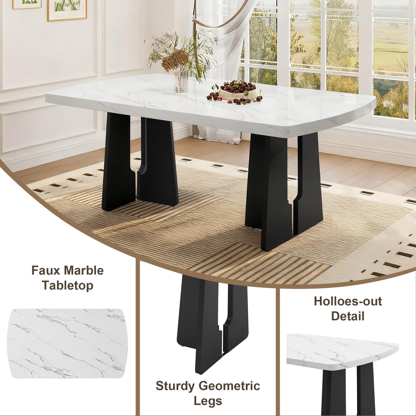 Merax 6-Piece Dining Table Set for 6, Modern Faux Marble Oval Kitchen Tabletop with Four Upholstered Chairs and One Bench for Dining, Living Room, Kitchen, Easy Assembly, White+ Gray