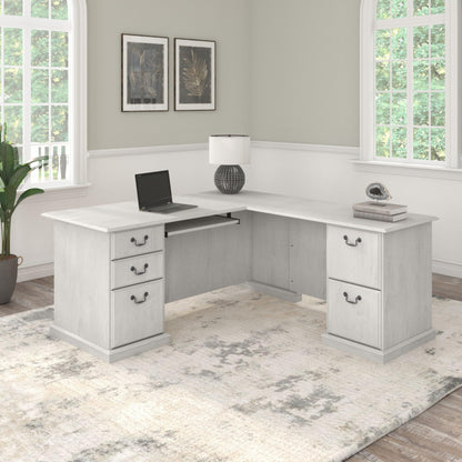 Bush Home Saratoga L Shaped Computer Desk with Drawers and Storage in Linen White Oak | Large Corner Office Table for Workspace