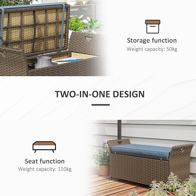 Outsunny 29 Gallon Patio Wicker Storage Bench, Outdoor PE Rattan Patio Furniture, 2-in-1 Large Capacity Rectangle Garden Storage Box with Handles and Cushion, Dark Blue
