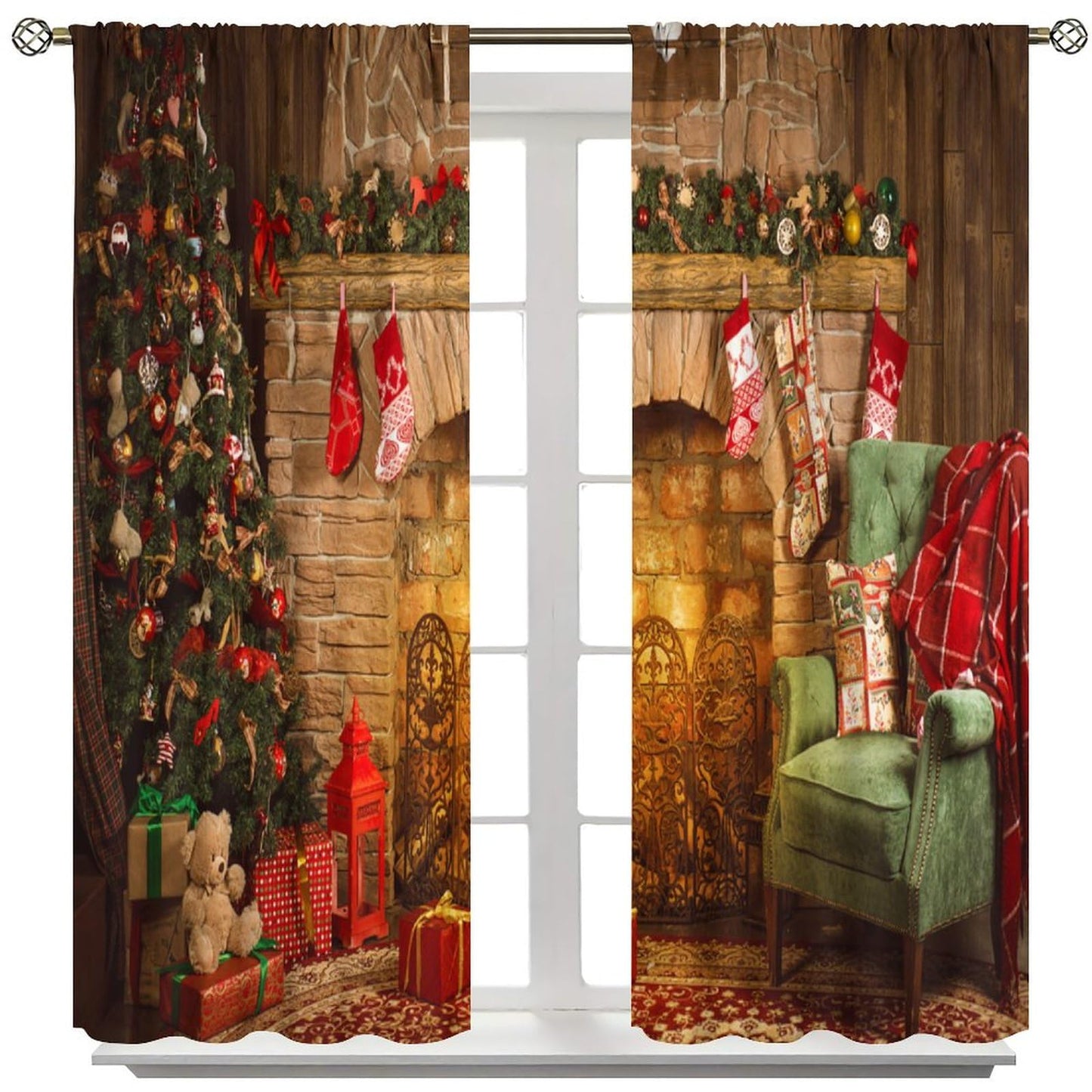 FengMingRui Christmas Window Curtain for Bedroom Fireplace Printed Window Treatment Winter Holiday Christmas Decor Window Drapes 52" W X 84" L
