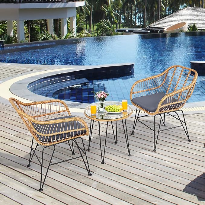 Tangkula 3 Pieces Patio Bistro Set, Rattan Conversation Set