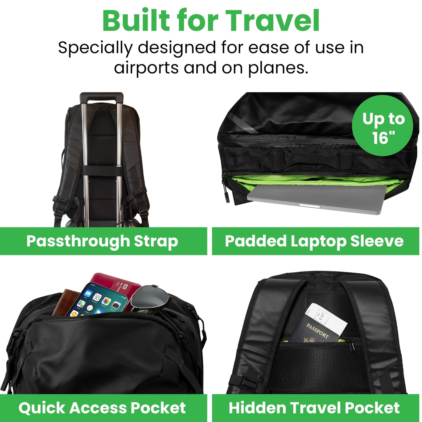 COR Surf Carry On Travel Backpack Bundle | Island Hopper Travel Backpack with Toiletry Bag and Compression Packing Cube Set (34L 2.0, Black with Green Zipper)