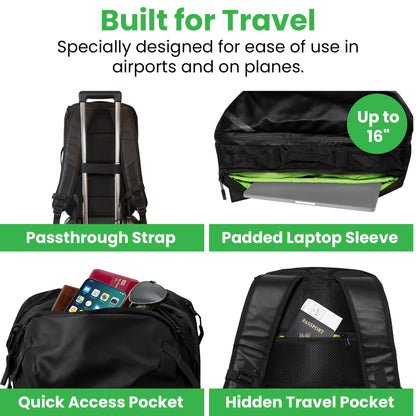 COR Surf Carry On Travel Backpack Bundle | Island Hopper Travel Backpack with Toiletry Bag and Compression Packing Cube Set (28L 2.0, Black with Green Zipper)