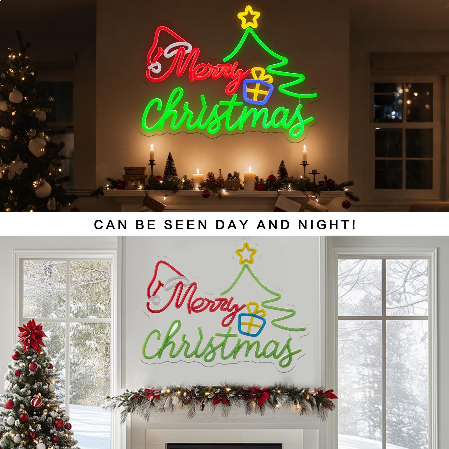 Merry Christmas Neon Sign for Decor, Neon Window Light with Xmas Tree Art Santa Hat, 16.4"x12.6" Wall Decoration for Christmas Party Bar Pub Club Kids Bedroom Decorations Family Gifts, USB Powered