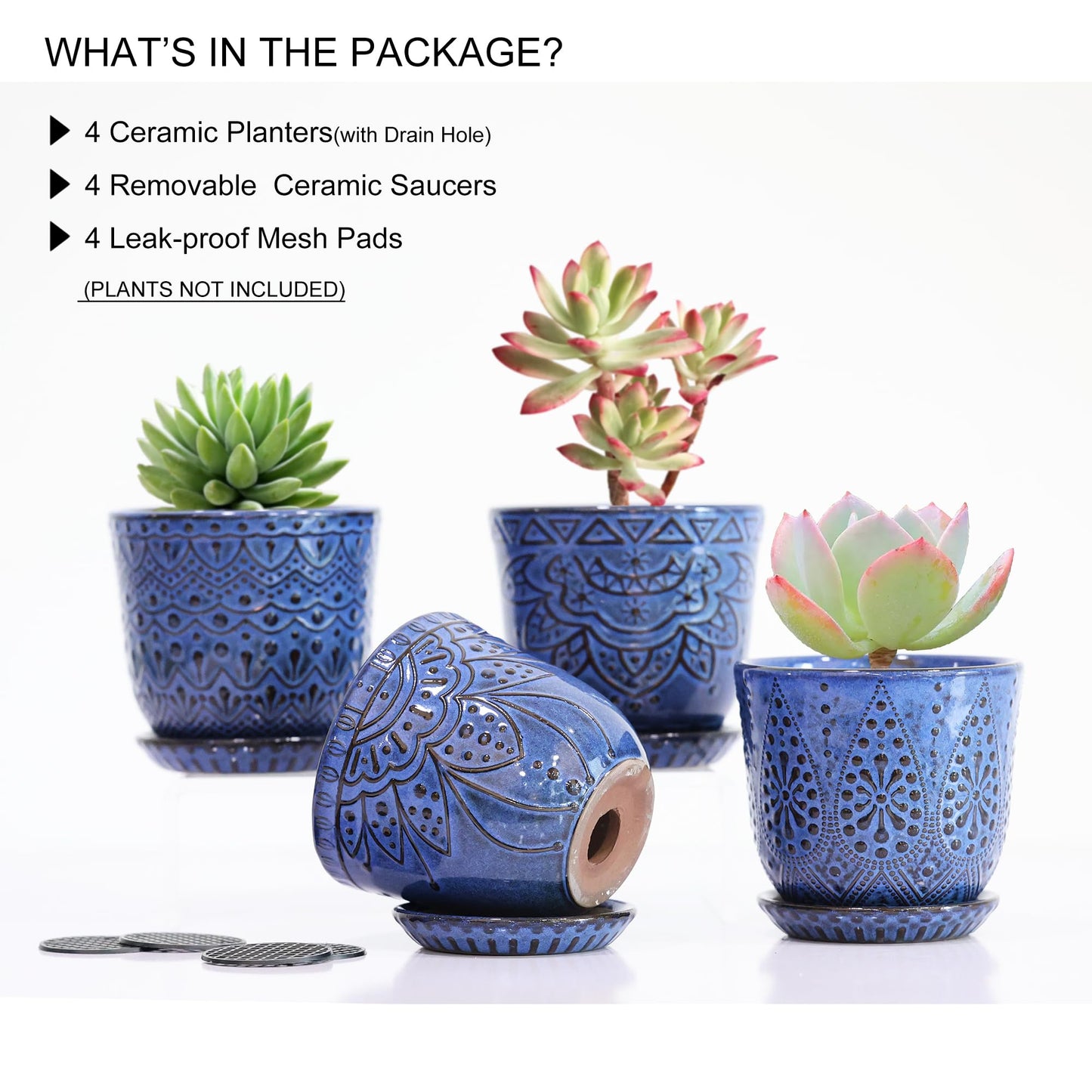 Gepege Succulent Pots, 4 Inch Small Indoor Ceramic Planter Pot with Drainage Holes and Saucers for Plants- Blue - Set of 4