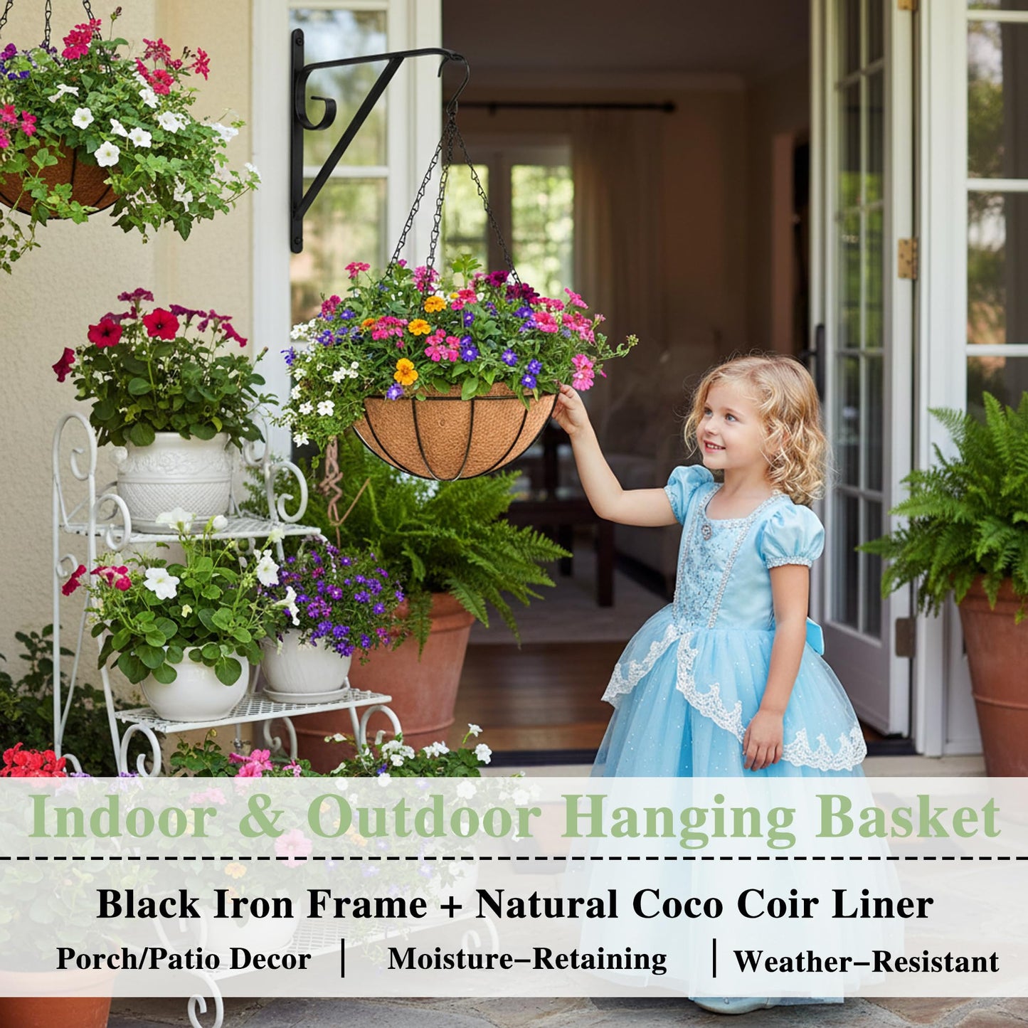EIMQUVW Outdoor Metal Hanging Planters Basket (4pack, 14 inch) Hanging Baskets for Plants Chain Round Wire Plant Holder with Coco Fiber Liners for Garden, Patio, Deck, Porch