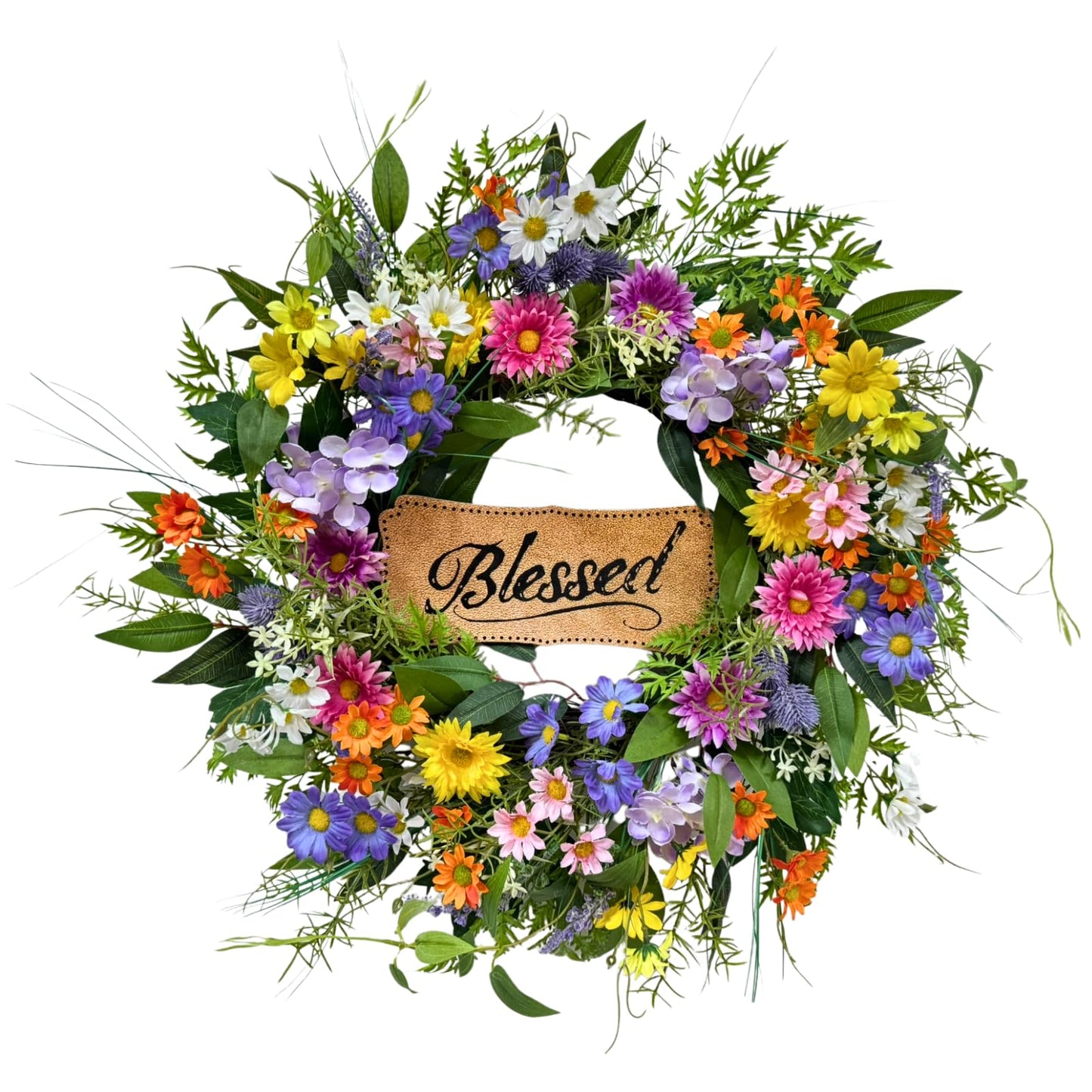 Lnymura 22 Inch Spring Summer Blessed Wildflower Wreath for Front Door Wall