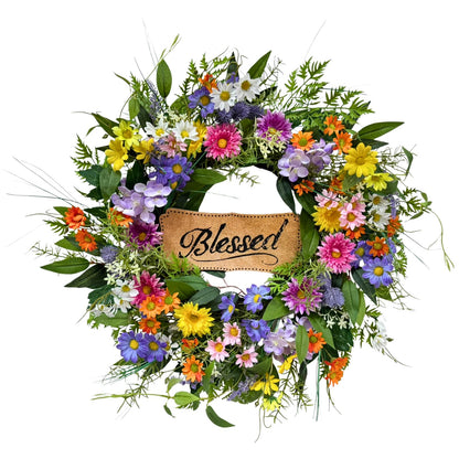 Lnymura 22 Inch Spring Summer Blessed Wildflower Wreath for Front Door Wall