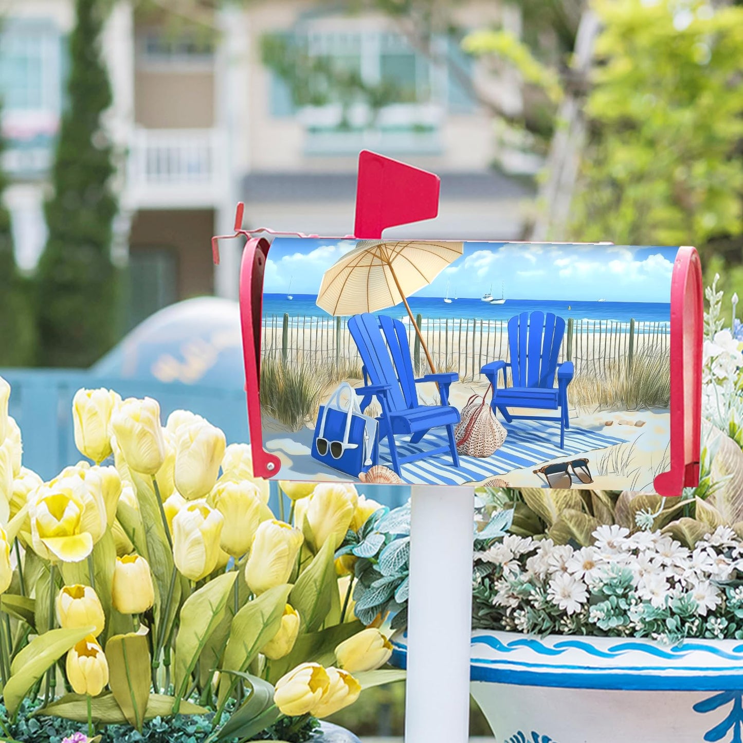 Sweetshow Summer Beach Life Mailbox Covers Magnetic Standard Size 18" X 21",Blue Ocean Nautical Coastal Theme Mailbox Wraps Post Letter Box Cover for Holiday Garden Yard Decor